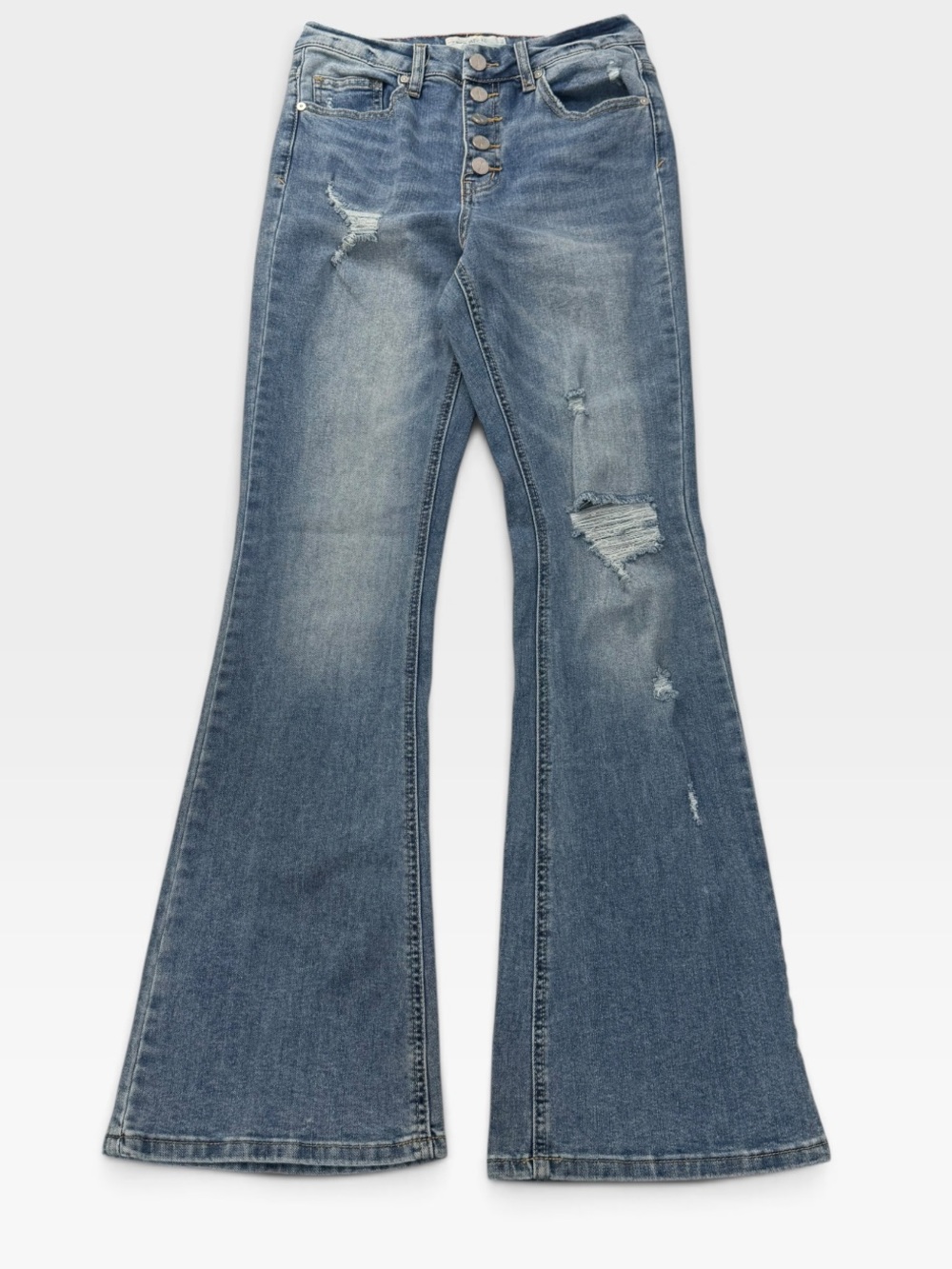 Women's Flare Light Wash Blue Distressed High Waist Button Fly Jeans Size 5 / 26